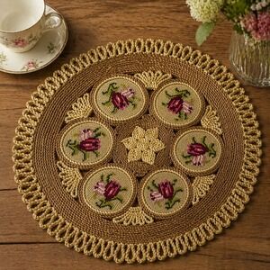 Vintage Rattan Needlepoint Center Placemat Roses Table Handmade Cottagecore Boho